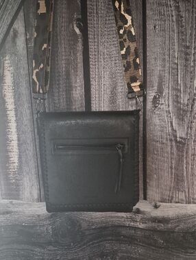 Black Women's Messenger Bag with Leopard-Pattern Strap